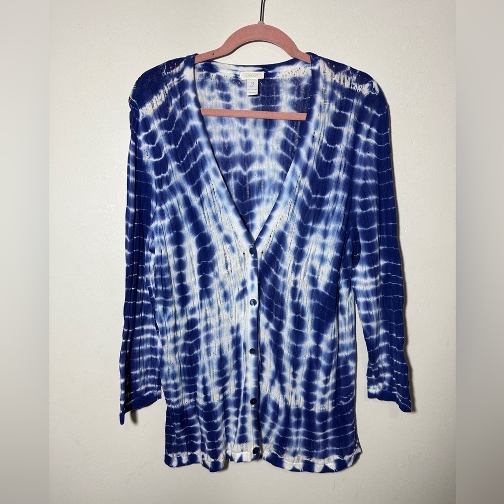 Chico’s Tie-Dye Poinette 100% Cotton Cardigan Sweater Size 3 (XL)